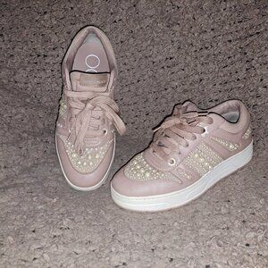 JIMMY CHOO-Hawaii-Pinky Taupe Leather w/Faux Pearl Beads Sneakers-Sz 37-Good